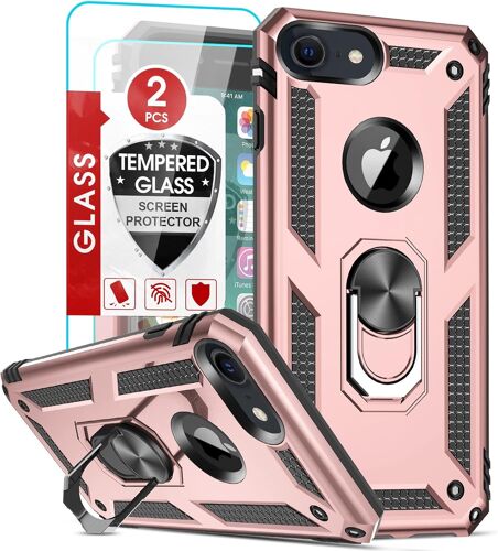 Case for iPhone SE3 2022/8/7/SE 2020/6/6s with 2 Tempered Glass, Ring Holder Military Anti-Fall Reinforced Bumper Shockproof Soft TPU and Hard PC Protective Case Rose Gold