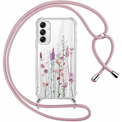 Coque Avec Cordon Pour Samsung Galaxy A13 5g 6,5"", Étui Collier Réglable Transparente Case Avec Aesthetic Motif Fleur 3, Silicone Tpu + Pc Antichoc Housse Avec Tour De Cou Lanière Lanyard Cover