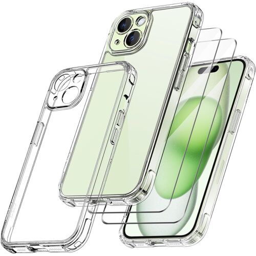 ELVORIX-Coque Protection Caméra Compatible avec iPhone 15 Plus et 2 Pièces Verre Trempé, [Protection Militaire] Coque Antichoc Anti-Jaune Couverture à 360 Degrés, Transparent