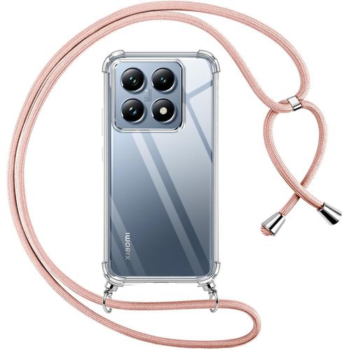 Kal-Coque Pour Xiaomi 14t Avec Cordon, Transparente Silicone Housse Avec Réglable De Collier Anti-Chute Etui Pour Xiaomi 14t, Ètuis À Bandoulière 6.67"", Rose
