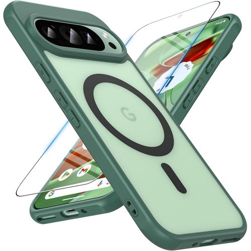 Coque Magnétique Pour Google Pixel 9 /Google Pixel 9 Pro 2024[Compatible Avec Magsafe][Avec Verre Trempé][Translucide Mat] Coque Rigide Antichoc En Pc Pour Pixel 9/Pixel 9 Pro(Vert)