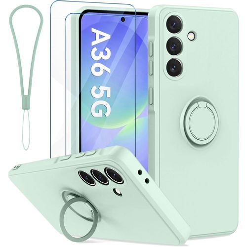 Coque Protection Caméra Compatible Avec Samsung Galaxy A36 5g Avec Support De Bague Et 2 Pièces Verre Trempé, Housse De Haute Qualité Silicone Mince Cyan