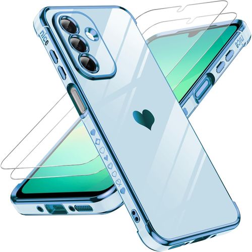Coque silicone pour Samsung Galaxy A26 / A26 5G + 2 verres trempés - Bumper TPU antichoc, intérieur microfibre, motif coeur brillant, protège écran et caméra, bleu, compatible charge sans fil