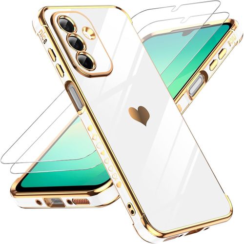 Coque silicone souple TPU galvanisée pour Samsung Galaxy A26/A26 5G - Motif coeur blanc + 2 verres trempés, protection antichoc et bords surélevés