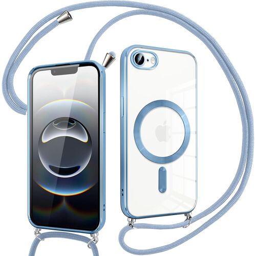 SJZG-Coque Pour Iphone 16E Avec Cordon, Compatible Avec Magsafe, Transparent Silicone Ultra Mince Housse Avec Réglable Collier, Antichoc Protection Magnétique Housse, Bandoulière-Bleu