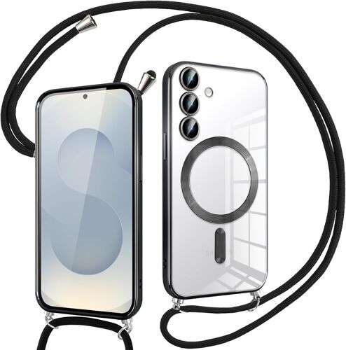 Coque pour Samsung Galaxy S25 Plus avec Cordon, Compatible avec MagSafe, Transparent Silicone Ultra Mince Housse avec Réglable Collier, Antichoc Protection Magnétique Housse,Bandoulière-Noir