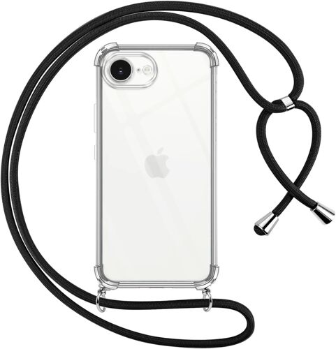 Case for iPhone 16E/iPhone SE 4 2025 with Cord, Transparent Silicone Case with Adjustable Collar Anti-Fall Case for iPhone 16E/iPhone SE 4, Shoulder Strap 6.1 Inch, Black