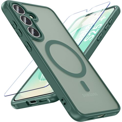 Coque Magnétique Pour Samsung Galaxy S25 Plus/S25+ 5g, Compatible Avec Magsafe,Housse Antichoc Fine Avec Verre Trempé, Étui Translucide Mat(Vert)