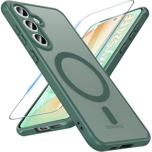 TZF-Coque pour Samsung Galaxy S24 FE,[avec Verre Trempé] Magnétique Coque S24 FE,Antichoc Translucide Mat Protection Militaire Arrière Rigide Housse Etui Case pour Samsung S24 FE (Vert)