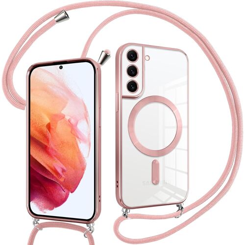 SJZG-Coque Pour Samsung Galaxy S21 5G Avec Cordon, Compatible Avec Magsafe, Transparent Silicone Ultra Mince Housse Avec Avec Réglable Collier, Antichoc Protection Magnétique Housse, Rose