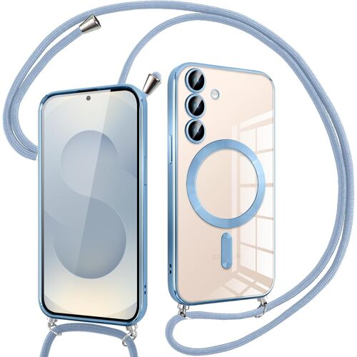SJZG-Coque Pour Samsung Galaxy S25 Plus Avec Cordon, Compatible Avec Magsafe, Transparent Silicone Ultra Mince Housse Avec Réglable Collier, Antichoc Protection Magnétique Housse,Bandoulière-Bleu