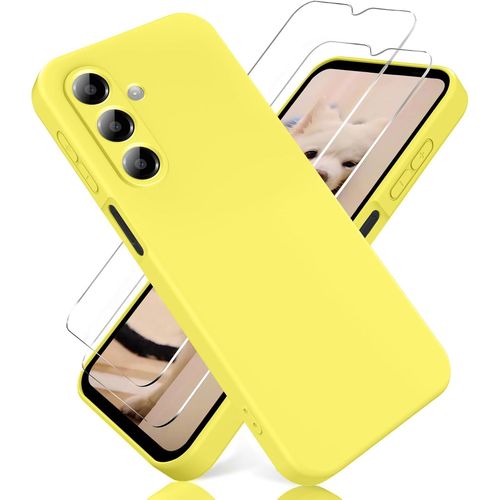 Coque Pour Samsung Galaxy A26 5g, Avec [2 Pièces] Protection D'écran En Verre Trempé, Housse Silicone Tpu Souple Liquide - Jaune
