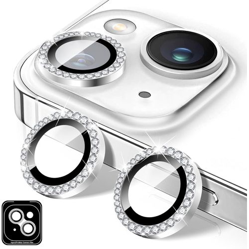 Protecteur D'objectif D'appareil Photo Diamond Pour Iphone 14/Iphone 14 Plus, 9h Couvercle D'objectif De Caméra En Verre Trempé À Paillettes, Autocollants De Film D`Anneaux En Métal