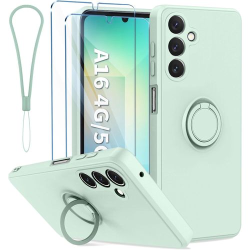 Coque Protection Caméra Compatible Avec Samsung Galaxy A16 5g/4g Avec Support De Bague Et 2 Pièces Verre Trempé, Housse De Haute Qualité Silicone Mince Cyan