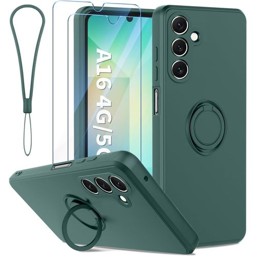 Coque Protection Caméra Compatible Avec Samsung Galaxy A16 5g/4g Avec Support De Bague Et 2 Pièces Verre Trempé, Housse De Haute Qualité Silicone Mince Vert