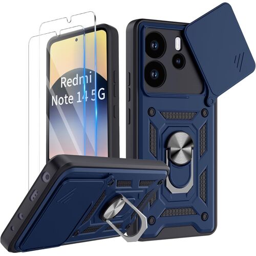 KAL-Coque Anneau Pour Xiaomi Redmi Note 14 5G (Pas Pour 4G) Avec Lentille Coulissante Couverture, Étui Support 360° Rotatif Militaire Armor Antichoc Anti-Rayures Avec 2 Pièces Verre Trempé, Bleu