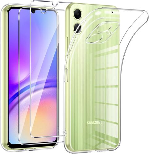 Coque Pour Samsung Galaxy A05 4G Avec 2 Pièces Protection Écran En Verre Trempé,Ultra Transparente Silicone En Gel Tpu Souple Pour Samsung A05 Couqe,Antichoc Anti-Jaune Etui Bumper