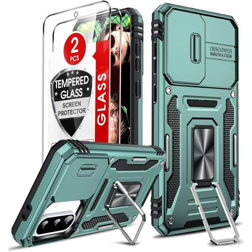 Coque Pour Samsung Galaxy A56/A 56 5g Antichoc Avec Protection Caméra Coulissante,2*Verre Trempé,Étui De Pc Dur Et Tpu Silicone Militaire Anti-Rayures Coque Anneau,Vert Foncé