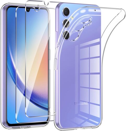 Coque Pour Samsung Galaxy A34 5G,Avec 2 Pièces Verre Trempé,Transparence Souple Tpu Étui Protection Pour Samsung A34 5G,Bumper Housse Prévention Des Chutes,Anti- Rayures,Ultra Mince