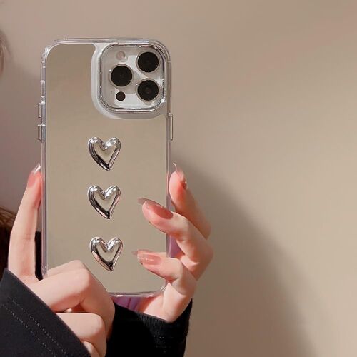 Coque pour iPhone 13/14, Belle Argent 3D Amour Transparent Maquillage Miroir Coque, Souple Antichoc Anti-Rayure Housse de Protection pour iPhone 13/iPhone 14 6,1""- 3 Coeurs