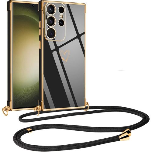 Kal-Coque Collier Pour Samsung S23 Ultra Avec Cordon, Galvanisé Etui Housse Avec Motif Coeur D'amour, Antichoc Anti-Rayures Case Avec Bandoulière Pour Samsung Galaxy S23 Ultra 6.8"", Nior