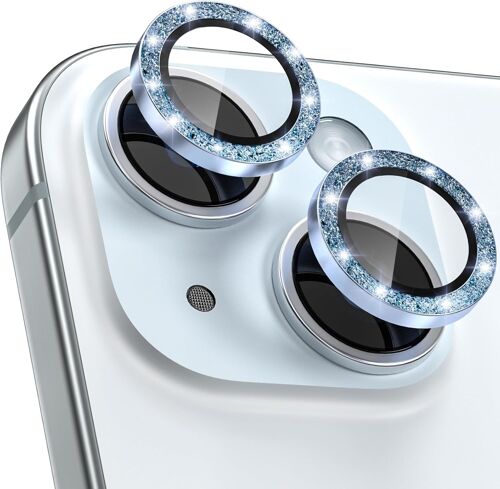 KALANKA-Protection Objectif Caméra Arrière pour iPhone 15 6,1 Pouces & iPhone 15 Plus 6,7 Pouces, Accessoire Verre Trempé Anti-rayures Ultra Résistant Individuel Film, Paillettes bleues