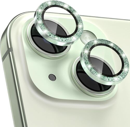 Protection Objectif Caméra Arrière pour iPhone 15 6,1 Pouces & iPhone 15 Plus 6,7 Pouces, Accessoire Verre Trempé Anti-rayures Ultra Résistant Individuel Film, Paillettes vertes