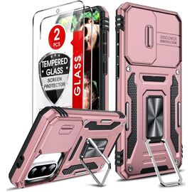 JGD-Coque pour Samsung Galaxy A56 / A36 5g Antichoc avec Protection Caméra Coulissante, 2*Verre Trempé, Étui de PC Dur et TPU Silicone Militaire Anti-Rayures Coque Anneau, Or Rose