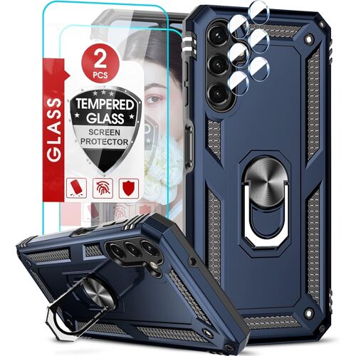 KAL-Coque Pour Samsung Galaxy A14 4G&5G/A 14 Avec 2 Verre Trempé Et 2 Protection Camera, Anneau Support Militaire Anti-Chute Pc Bumper Antichoc Rigide Armure Housse Etui Pour Samsung A 14 Bleu