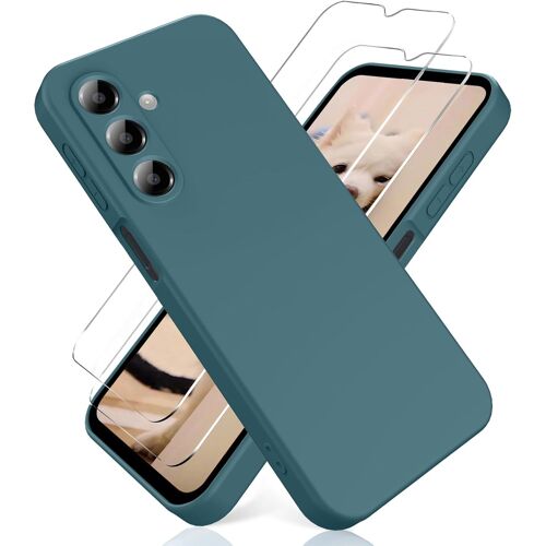 JGD-Coque pour Samsung Galaxy A16 4G/5G, avec [2 Pièces] Protection d'écran en Verre Trempé, Housse Silicone TPU Souple Liquide - Vert Nuit Foncé