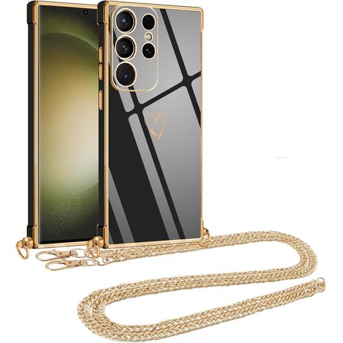 Kal-Coque Pour Samsung Galaxy S23 Ultra Avec Cordon De Collier, Galvanisé Etui Housse Avec Motif Coeur D'amour, Antichoc Anti-Rayures Case Avec Bandoulière Pour Samsung S23 Ultra 6.8"", Or Chaine