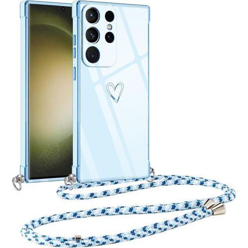 Kal-Coque Pour Samsung Galaxy S23 Ultra Avec Cordon De Collier, Galvanisé Etui Housse Avec Motif Coeur D'amour, Antichoc Anti-Rayures Case Avec Bandoulière Pour Samsung S23 Ultra 6.8"", Bleu