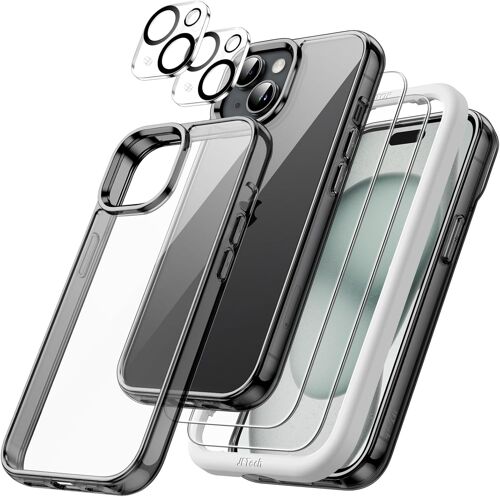 5 In 1 Case For Iphone 15 6.1 Inch With 2 Tempered Glass Screen Protectors And 2 Camera Protectors, Shockproof Non-Yellowing Case (Black)