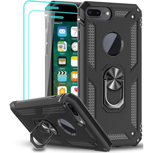 Pour Coque Iphone 8 Plus/7 Plus, Coque Iphone 6 Plus/6s Plus Avec 2 Verre Trempé, Anneau Support Militaire Anti-Chute Renforcée Bumper Antichoc Tpu Souple Et Pc Rigide Protection Etui Noir