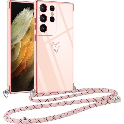 KAL-Coque Pour Samsung Galaxy S21 Ultra 5G Avec Cordon De Collier, Galvanisé Etui Housse Avec Motif Coeur D'Amour, Antichoc Anti-Rayures Case Avec Bandoulière Pour Samsung S21 Ultra 5G 6.8"", Rose