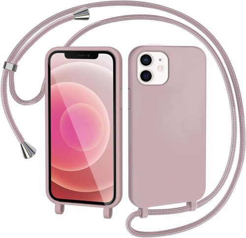 Coque pour iPhone 12 / iPhone 12 Pro avec Cordon, Collier Étui Silicone Liquide avec Tour de Cou Lanière en Corde Souple TPU Antichoc Housse - Rose