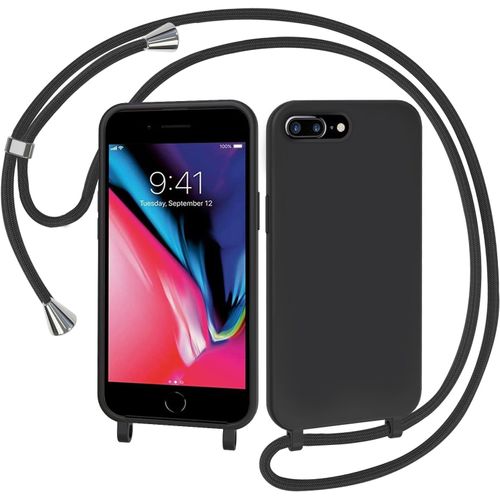 KAL-Coque Pour Iphone 6 Plus/Iphone 7 Plus/Iphone 8 Plus Avec Cordon, Collier Étui Silicone Liquide Avec Tour De Cou Lanière En Corde Souple Tpu Antichoc Housse - Noir
