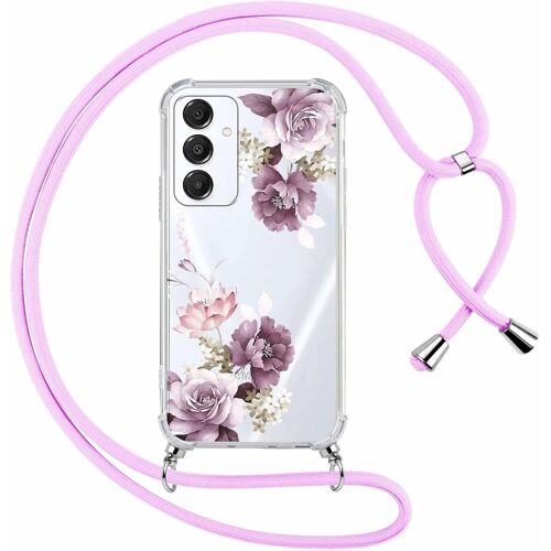 Coque avec Cordon pour Samsung Galaxy A16 5G 6,7"", Transparente Aesthetic Motif Fleur Étui Collier Tour de Cou Lanière Corde Lanyard Case, Silicone TPU + PC Antichoc Housse pour Samsung A16,12