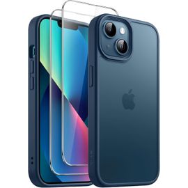 Eryi-3 En 1 Coque Mat Pour Iphone 13 Mini 5,4 Pouces Avec Lot De 2 Films De Protection D'écran En Verre Trempé, Étui Housse De Téléphone Antichoc Givrée Translucide (Bleu Orage)