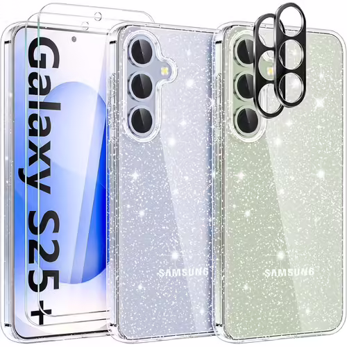 Coque pour Samsung Galaxy S25 Plus / S25+ Paillettes, avec 2 Verre Trempé et 2 Caméra Arrière Protecteur, Transparent Paillettes TPU Silicone, Anti-Rayures, Brillant Étui de Protection