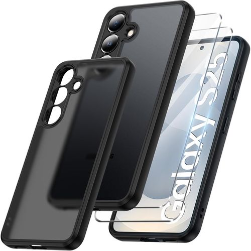 Coque Mate Compatible Samsung Galaxy S25 5g Avec 2 Vitres Trempées 9h Anti-Jaunissement, Anti-Chocs, Pc Dur + Pare-Chocs Tpu, Noir