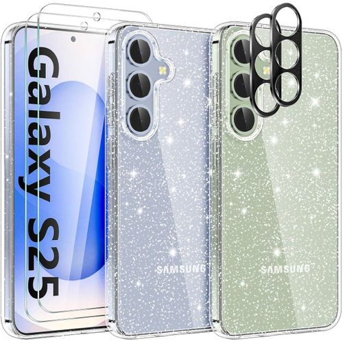 Coque Pour Samsung Galaxy S25 Paillettes, Avec 2 Verre Trempé Et 2 Caméra Arrière Protecteur, Transparent Paillettes Tpu Silicone, Anti-Rayures, Brillant Étui De Protection