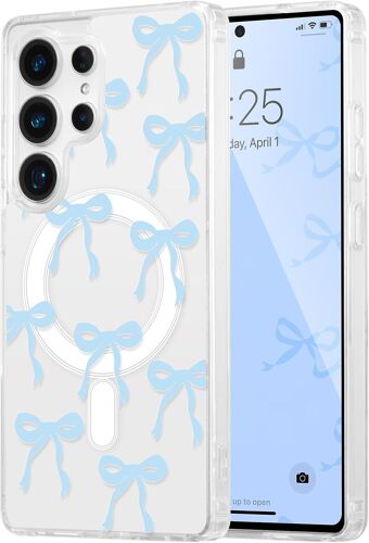 SJZG-Coque Magnétique Pour Samsung Galaxy S21 Ultra 5G Transparent Étui Avec Recharge Sans Fil, Housse De Téléphone En Motif De Noeud Arc Papillon Antichoc Bumper Cover Pour Filles Femme, Bleu