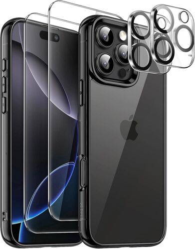 Coque 5 en 1 pour iPhone 16 Pro 6,3 Pouces avec 2 Protection D'écran en Verre Trempé et 2 Protecteur d'Objectif Caméra, Étui Housse Antichoc Anti-Jaunissement (Noir)