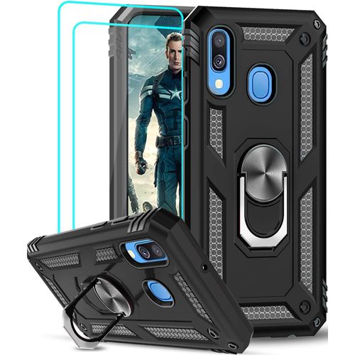 LORANKA-Coque pour Samsung Galaxy A40 [2 Pcs D'écran Verre Trempé] Anneau Support, Militaire Double Couche Renforcée Défense Bumper TPU Silicone Antichoc Armure Protection Housse Etui Samsung A40 Noi