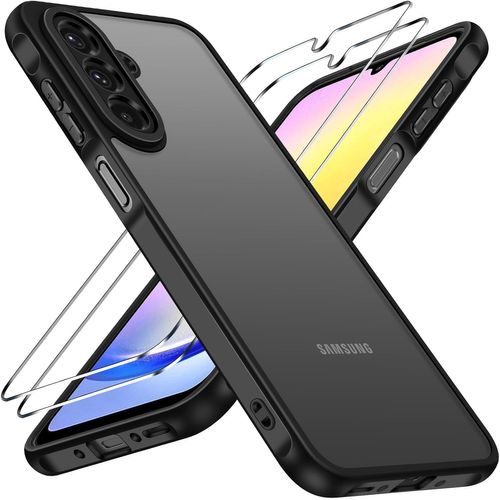 Coque Mat Pour Samsung Galaxy A26 5g Avec 2 Pièces Verre Trempé, [Protection Antichoc Militaire] [Protection Caméra] Arrière Translucide Étui De Protection Mince Bumper Housse, Noir