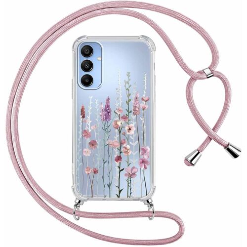 Coque avec Cordon pour Samsung Galaxy A15 5G 6,5"",Étui Collier Réglable Transparente Case avec Aesthetic Motif Fleur,Silicone TPU + PC Antichoc Housse Tour de Cou Lanière Corde Lanyard Cover,03