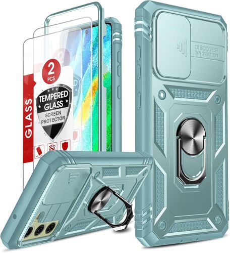 SJZG-Coque Pour Samsung Galaxy S21 Fe 5G/S21Fe (Pas S21/S20 Fe) Avec 2*Verre Trempé, Protection De Caméra, Anneau Support, Housse Pc Dur Anti-Chut Renforcée Heavy Duty Bumper Etui S21 Fe Antichoc Ver