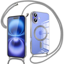 Coque Ultra-Fine En Silicone Transparente Pour Iphone 16 Plus (6,7"") ¿ Compatible Magsafe Avec Attache Magnétique Et Cordon Bandoulière Réglable ¿ Gris Clair