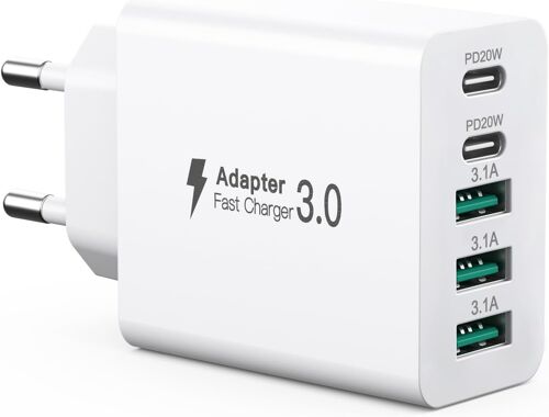 JGD-Chargeur USB C 50 W, 5 Ports Chargeur Multiple avec ¿2 USB-C et 3 USB-A¿ Bloc d'alimentation USB 50 W, Adaptateur Secteur Fast Charge PD 3.0 Compatible avec iPhone 12/13/14/15/Samsung/Tablet